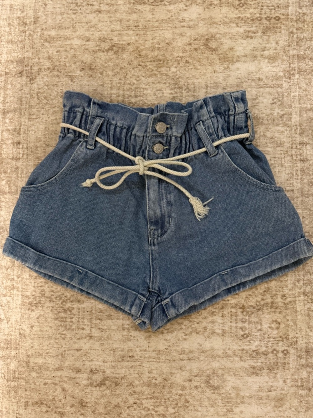 PacSun Blue Denim High-Waist Paperbag Shorts with Rope Tie